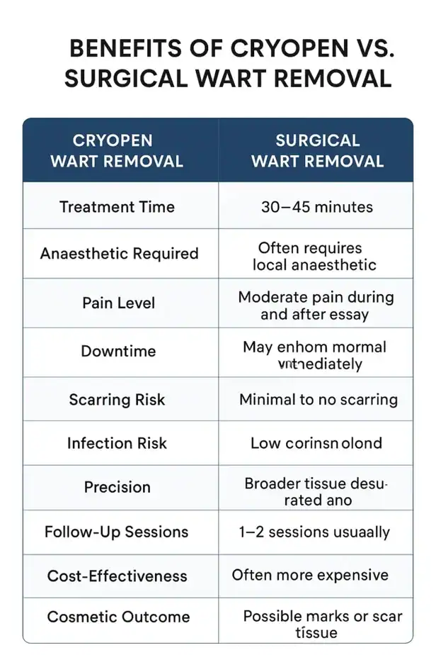 Table showing the benefits of cryopen to remove warts Finchley compared to surgical treatment